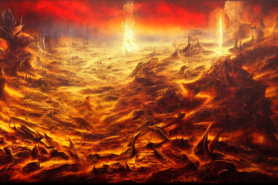 Apocalyptic landscape with fiery skies and volcanic terrain