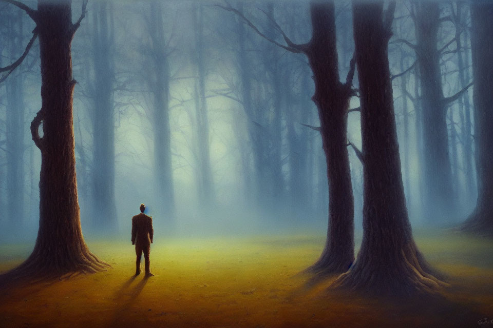 Person standing in misty forest among large trees