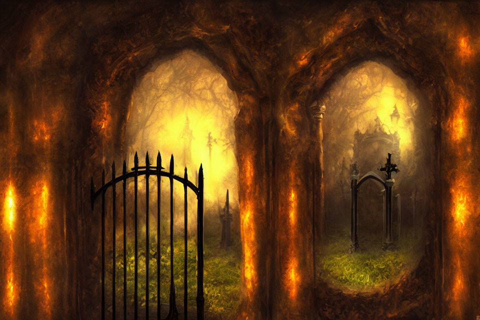 Glowing forest cemetery with arched stone entrances and misty gravestones