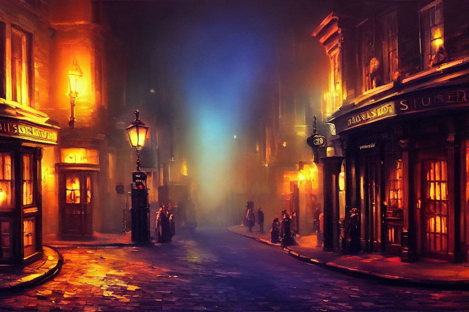 Misty vintage street at night with warm glow and silhouettes