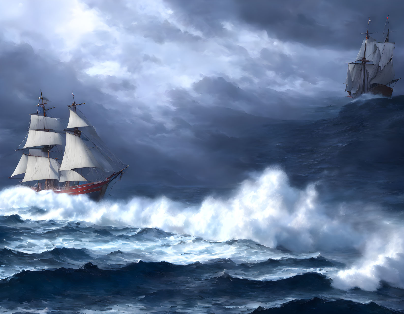 Sailing ships navigating stormy seas with large waves under cloudy sky