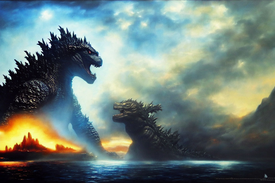 Giant monster showdown in fiery water under stormy sky