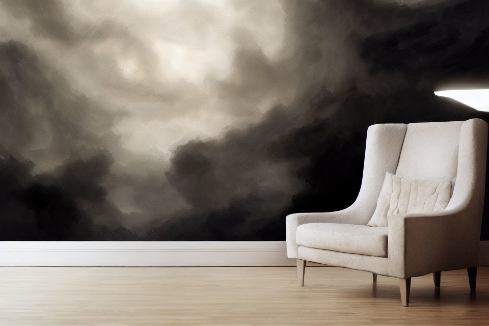 Modern Room with Beige Armchair, Stormy Cloud Wallpaper, Light Wooden Floor