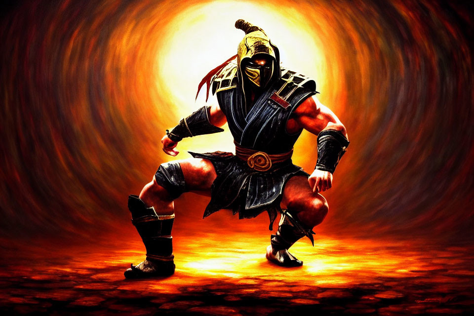 Muscular warrior in ninja garb and armored mask against fiery orange backdrop