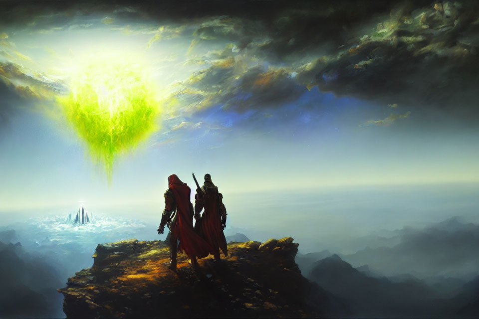 Mystical landscape with two figures on cliff overlooking green nebula