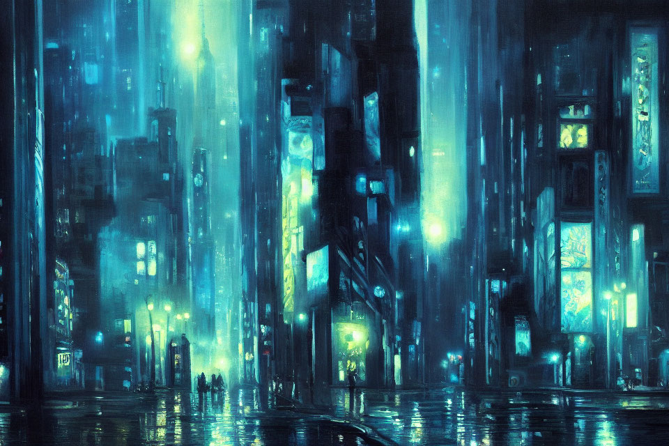 Futuristic rain-soaked cityscape with neon lights and skyscrapers at night