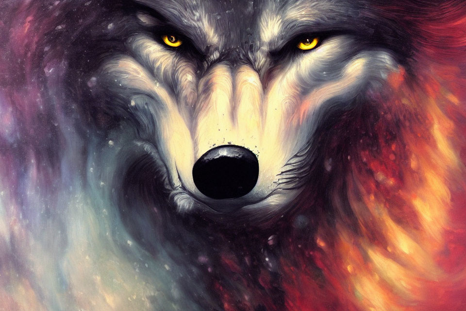 Vivid Wolf Artwork with Yellow Eyes in Fiery Red and Deep Blue Palette