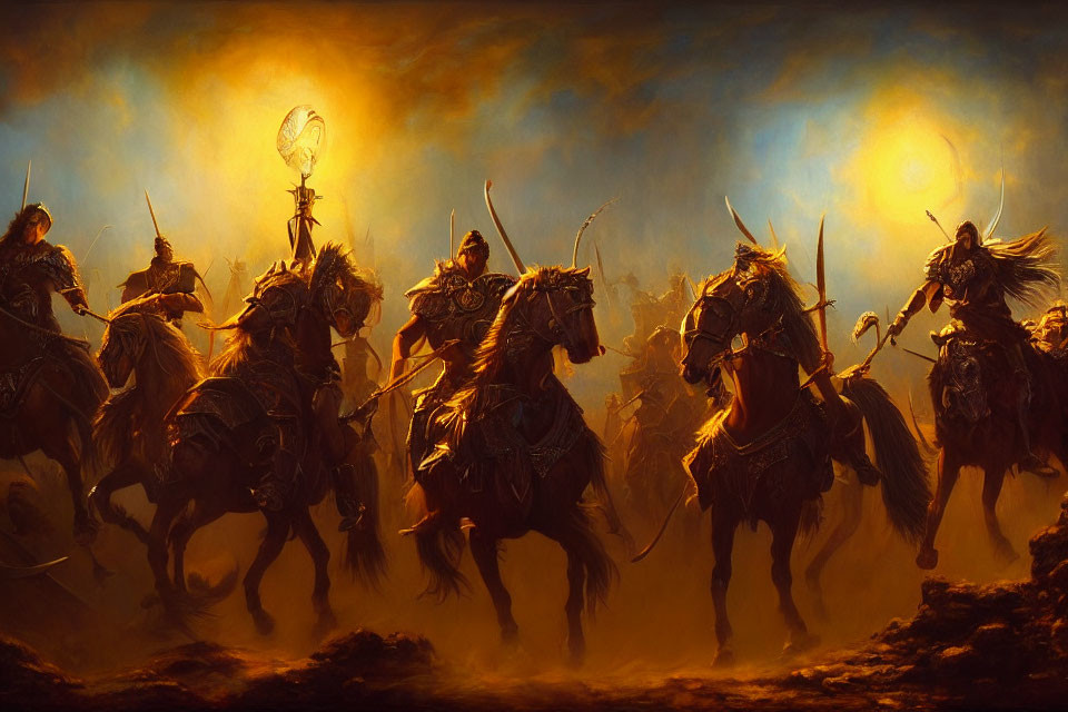 Armored warriors on horseback charging into battle under golden sky