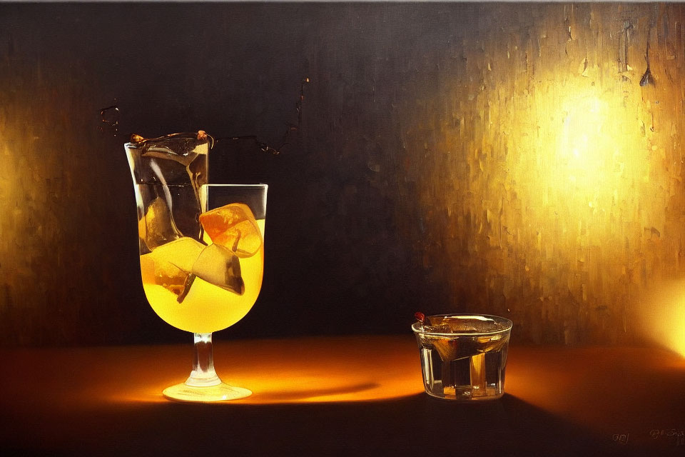 Still-life painting of three glasses with amber liquid and ice on warm-toned backdrop