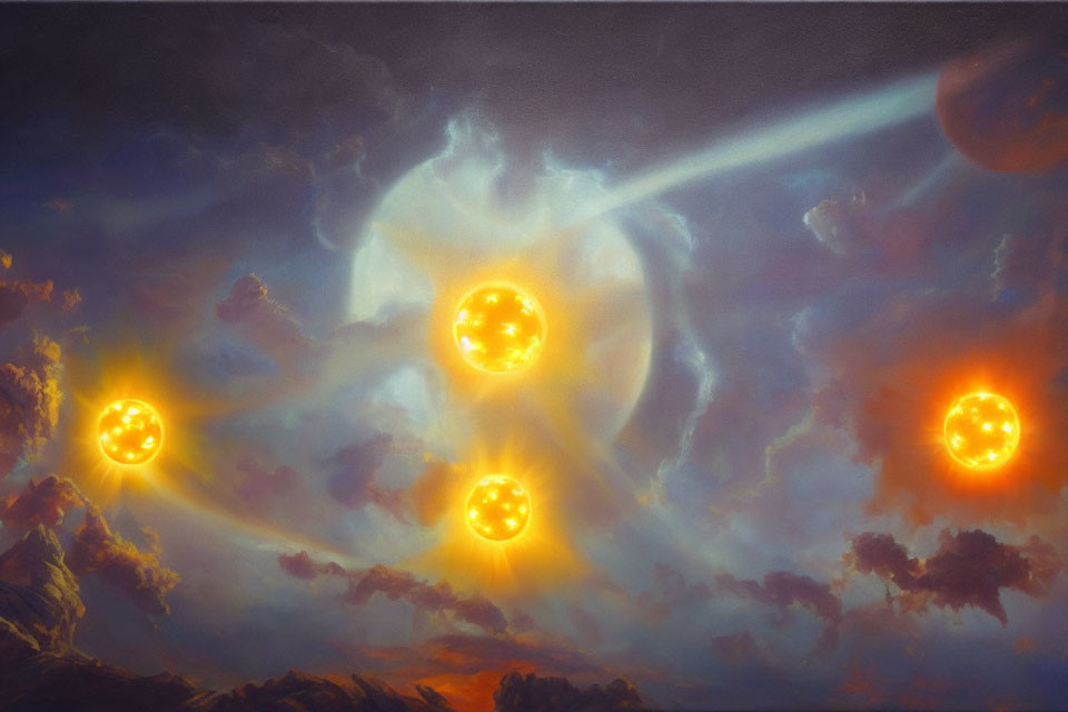 Surreal sky painting with bright orbs and light beams in clouds