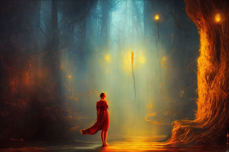 Person in red standing by reflective water in mystical, foggy forest with warm lanterns