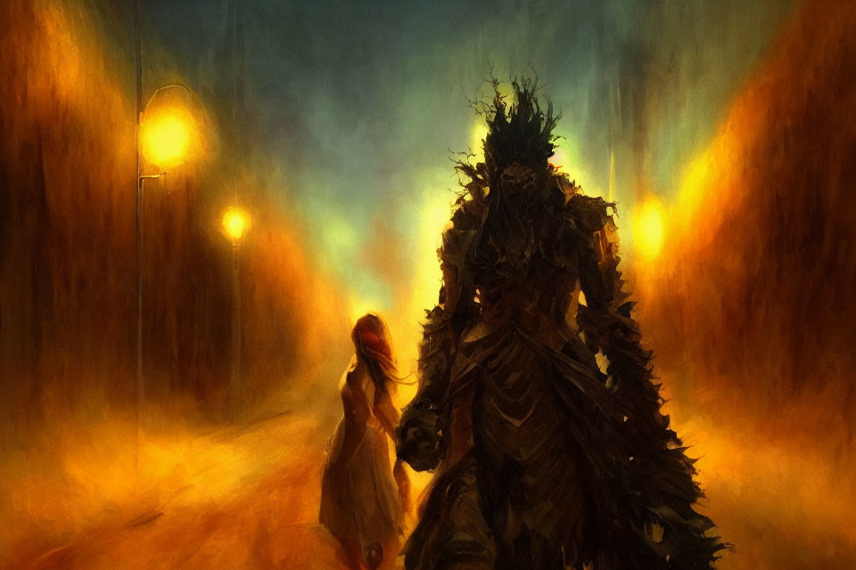 Fantasy painting: Small figure with armored entity in mystical landscape