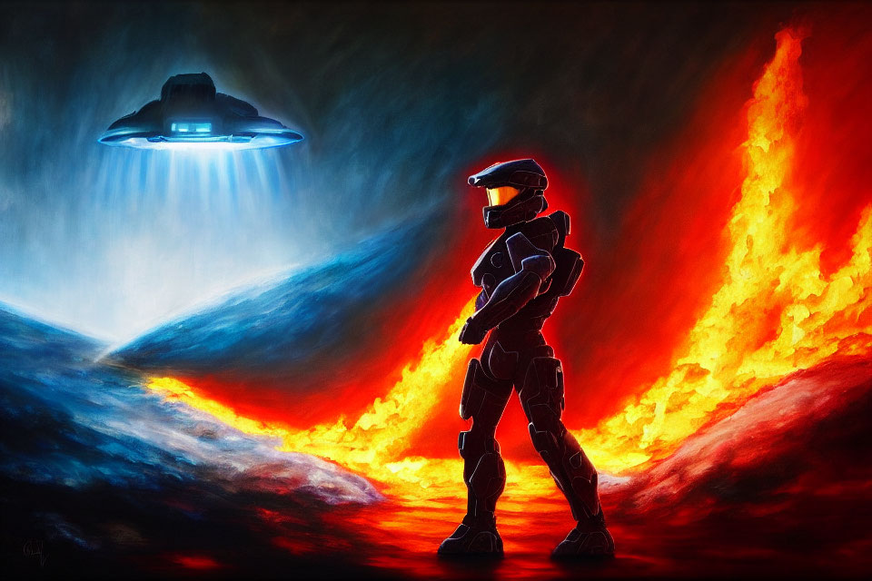 Armored figure in futuristic landscape with hovering spacecraft and blue beam