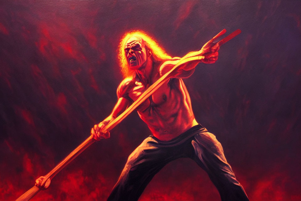 Warrior with Long Hair in Battle Stance with Staff on Fiery Red Background