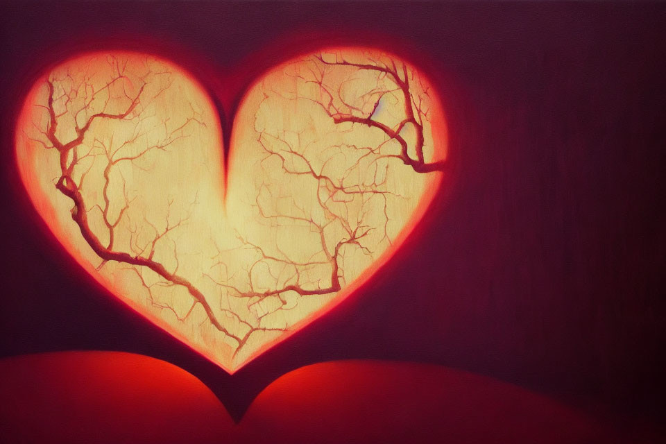 Heart-shaped silhouette with intricate tree branches on deep red background