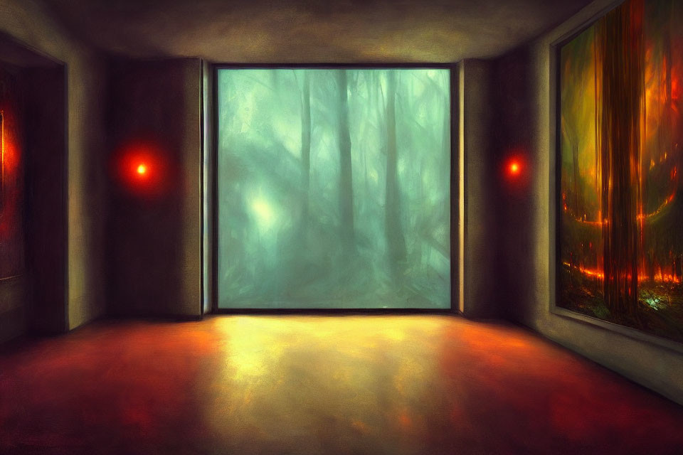 Dark room with large window, foggy forest view, red eyes, warm glow.