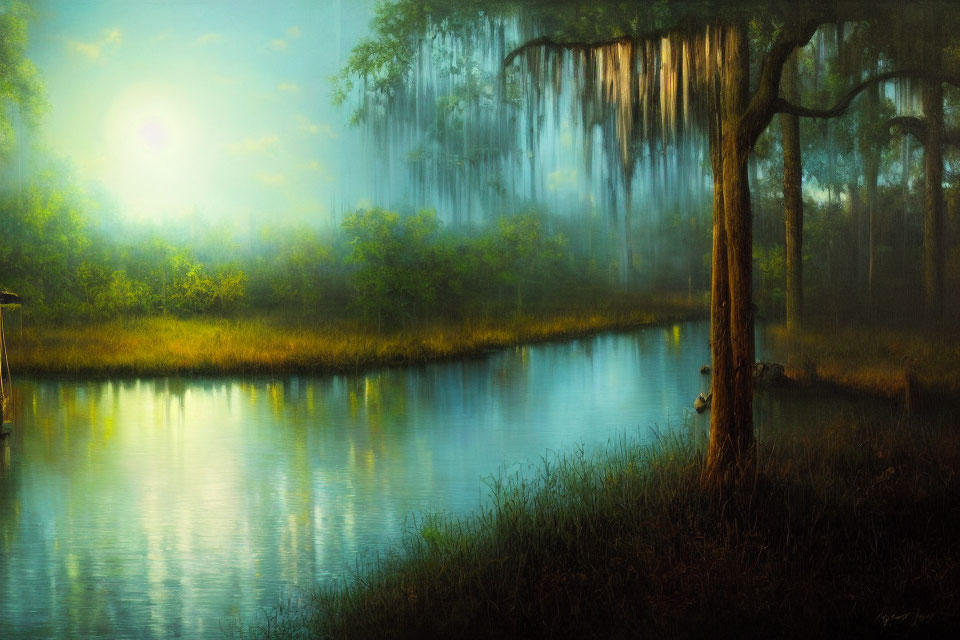 Tranquil Swamp Landscape at Sunrise with Spanish Moss and Reflections