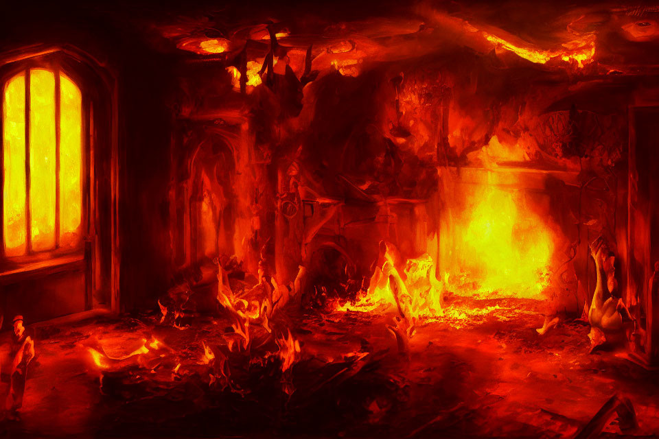 Fiery infernal room with red and orange hues engulfed in flames