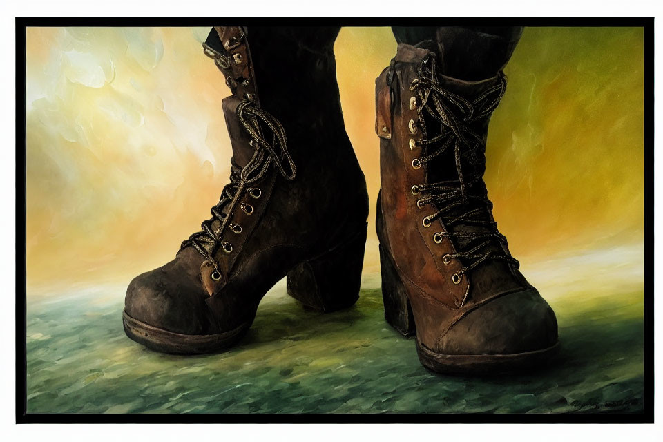 Worn lace-up boots on blurred yellow and green background