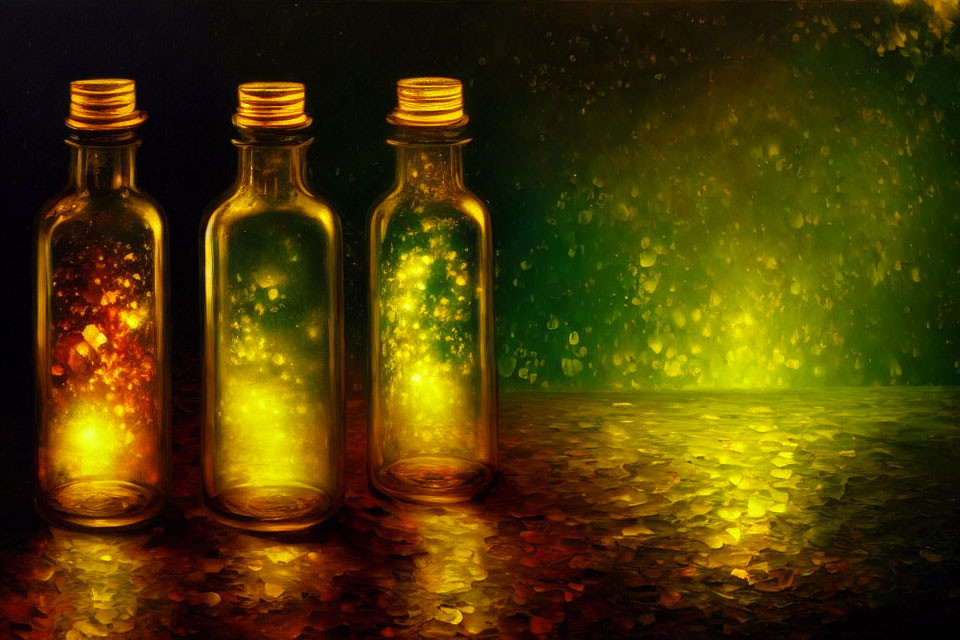 Illuminated Glass Bottles with Glowing Contents on Reflective Surface