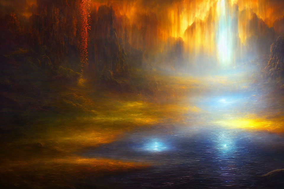 Luminous river and glowing trees in fantastical landscape