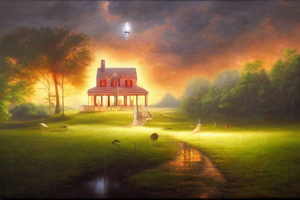 Tranquil rural landscape at dusk with cozy house, sunset skies, birds, and distant hot air