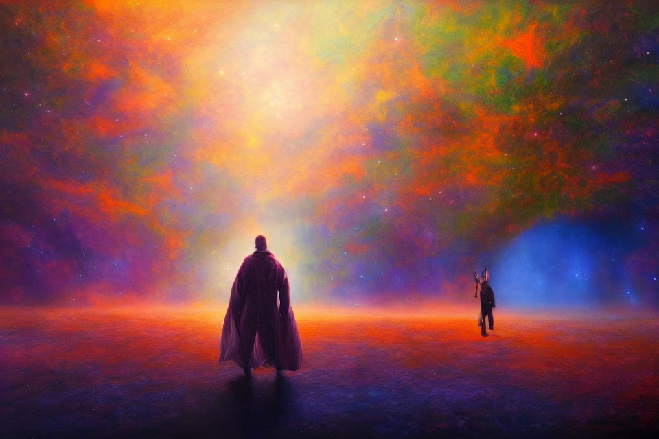 Silhouetted figures under vibrant cosmic nebula colors