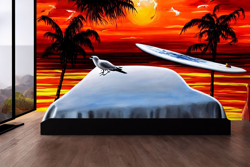 Car covered in room with tropical beach mural, surfboard, seagull, and TV.