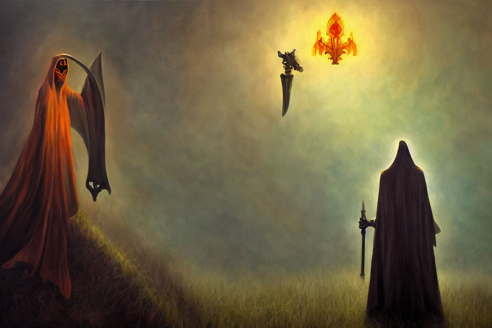 Fantasy scene with figures in orange cloak, skull mask, scythe, glowing figure, and staff