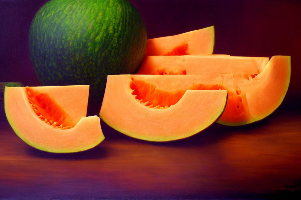 Colorful Still Life Painting: Whole Watermelon and Sliced Pieces on Dark Purple Background