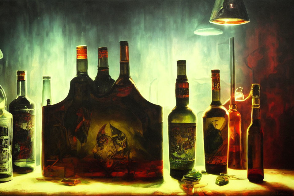 Moody bar scene with bottles and pendant lamp glow