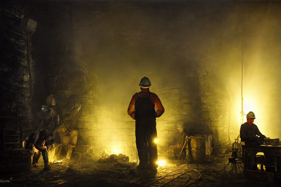 Industrial workers under warm artificial light in dim setting