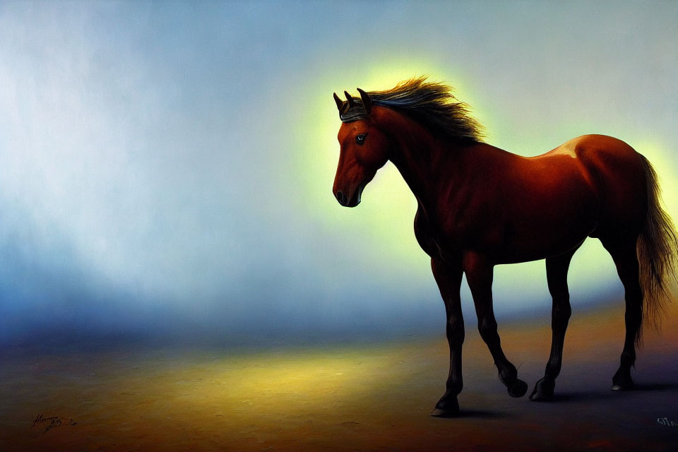 Brown Horse with Flowing Mane Against Ethereal Background