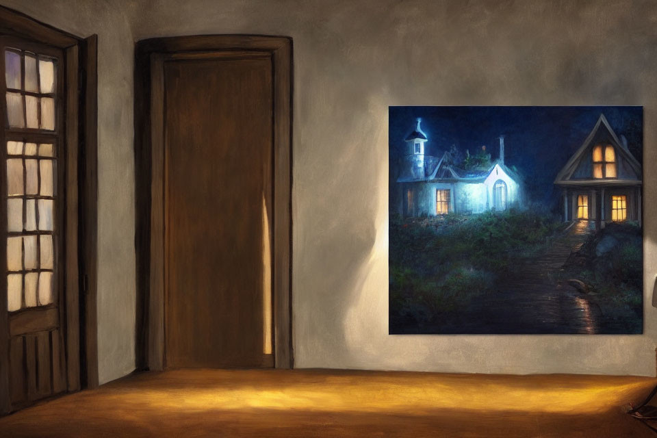 Cozy interior with wooden door and night scene painting