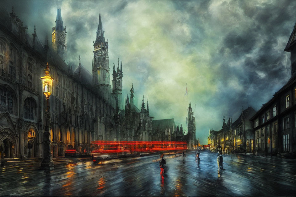 Historic Gothic street scene with pedestrians and red bus under dramatic sky