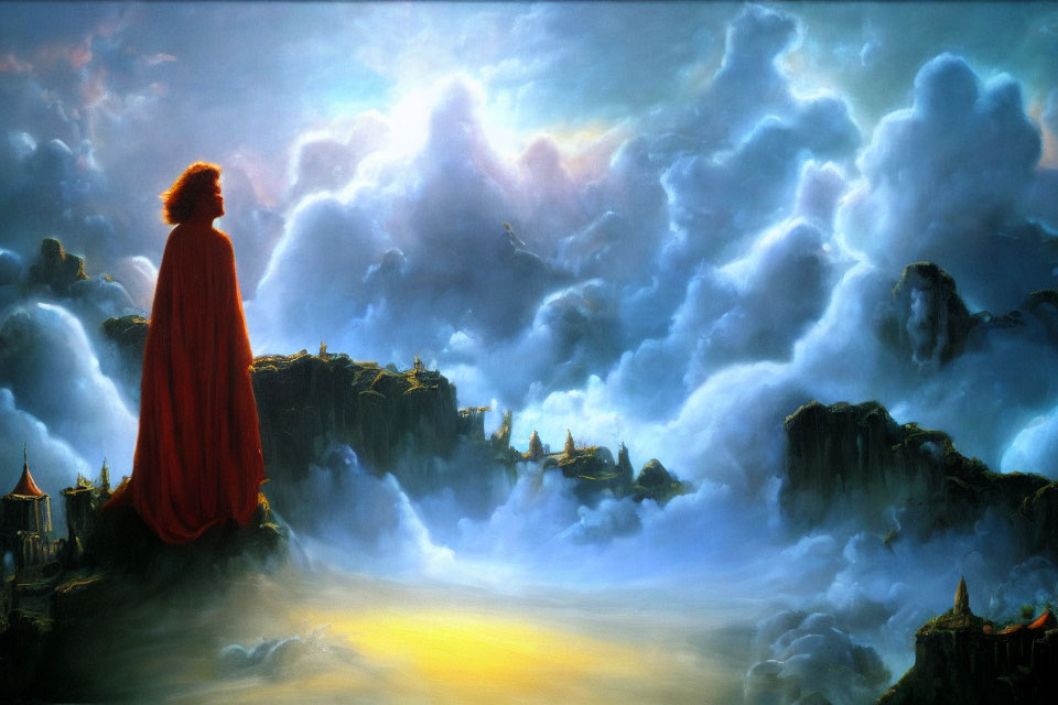 Robed Figure on Cliff with Fantastical Landscape