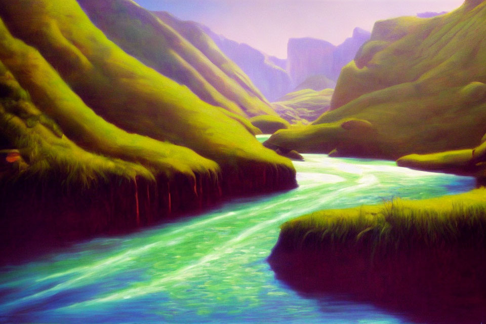 Tranquil landscape: green river, rolling hills, warm light