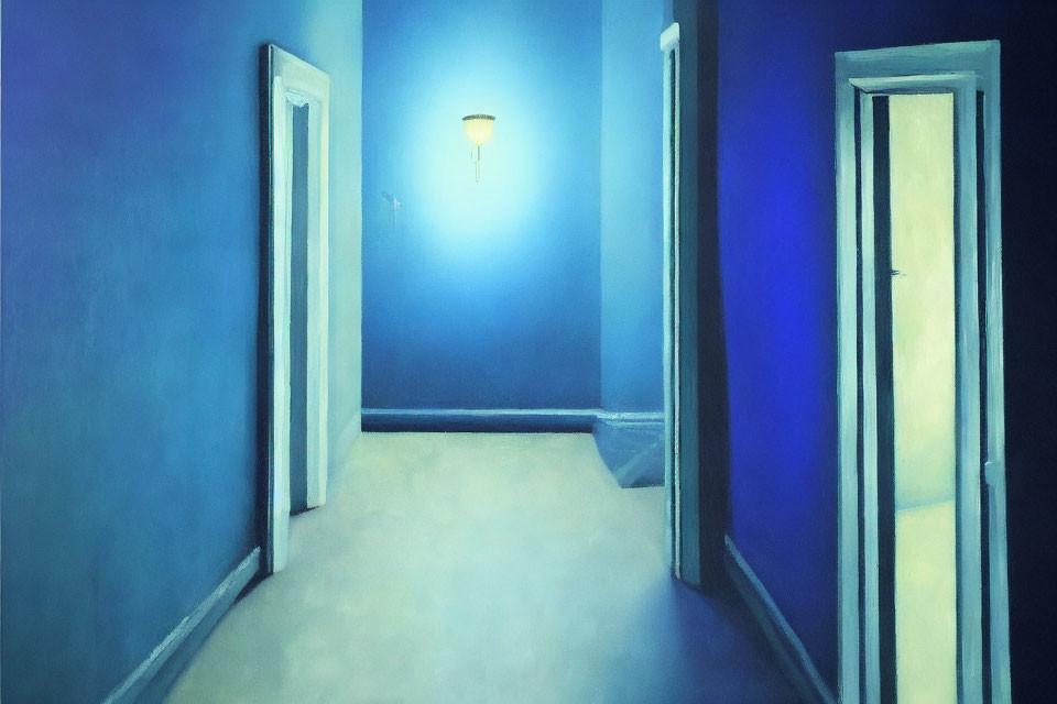 Dimly Lit Hallway with Blue Walls and Three Ajar Doors