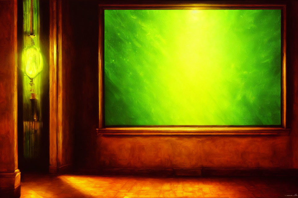 Abstract green painting in dimly lit room with antique wall lamp