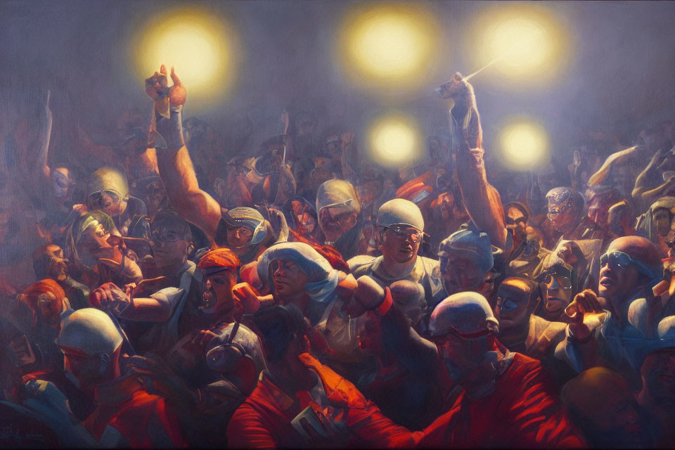 Vibrant painting of people with raised fists under warm lights