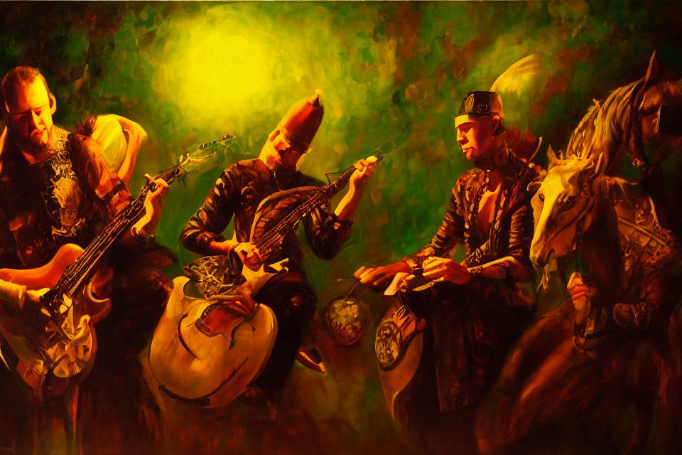 Fantastical painting of four musicians playing instruments in warm light