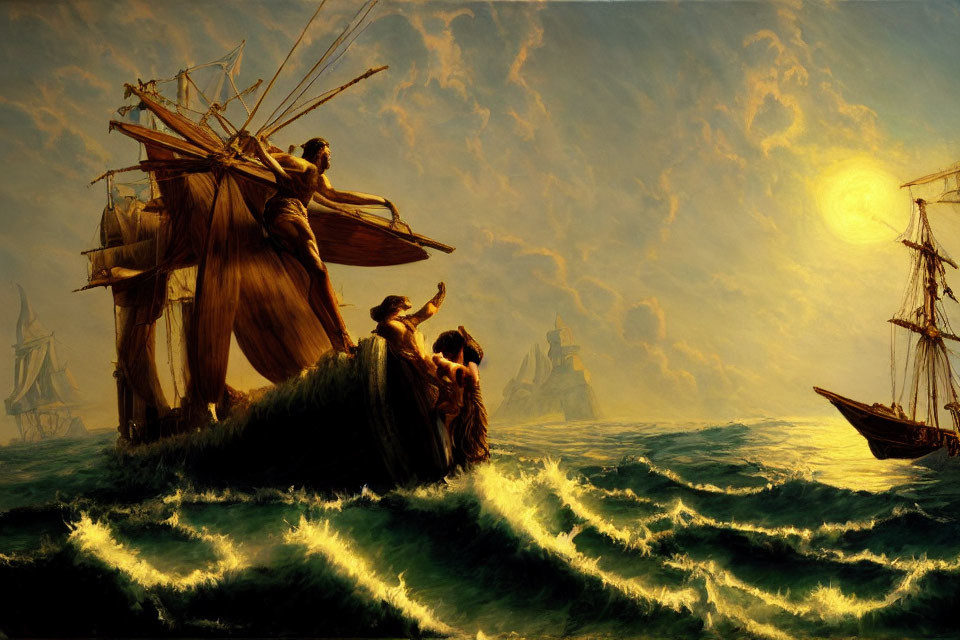 Golden sun illuminates dramatic seascape with ancient ship navigating rough waters.