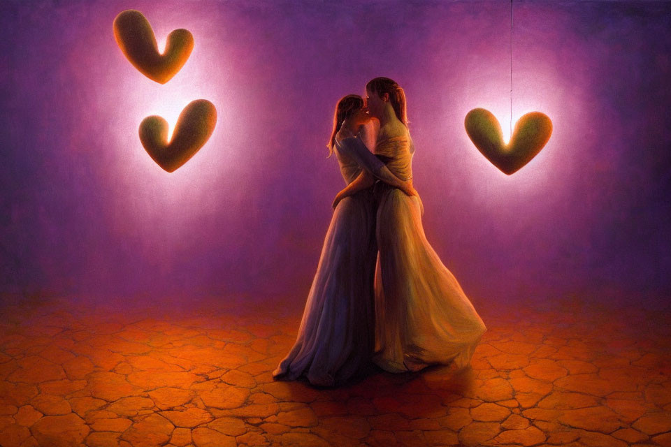 Embracing dance scene with warm purple glow and heart-shaped lights