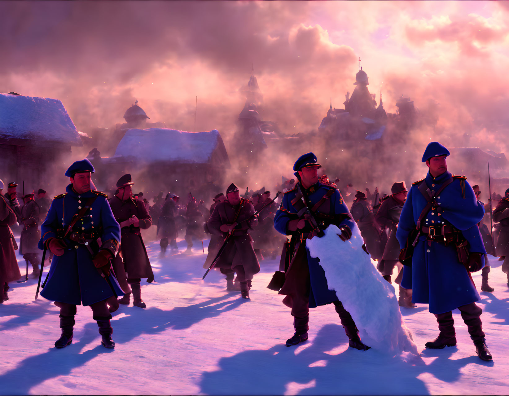 Soldiers in blue uniforms marching in snowy village at sunset