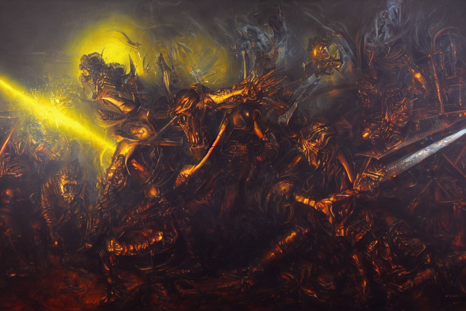 Fantasy Battle Scene with Armored Warriors and Central Figure Emitting Light