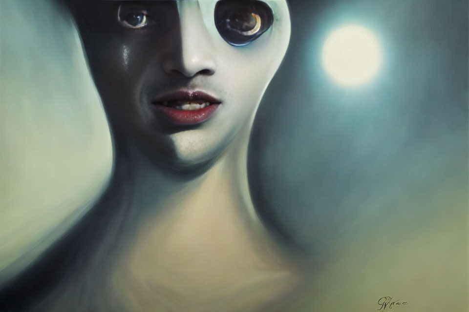 Enlarged dark eyes and glossy lips in surreal portrait