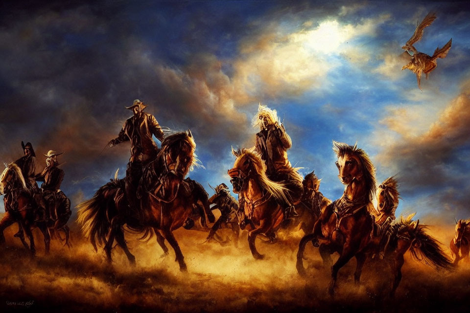 Dramatic painting of galloping cowboys under dark skies