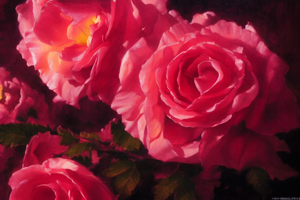 Vibrant Pink Roses in Full Bloom on Dark Background