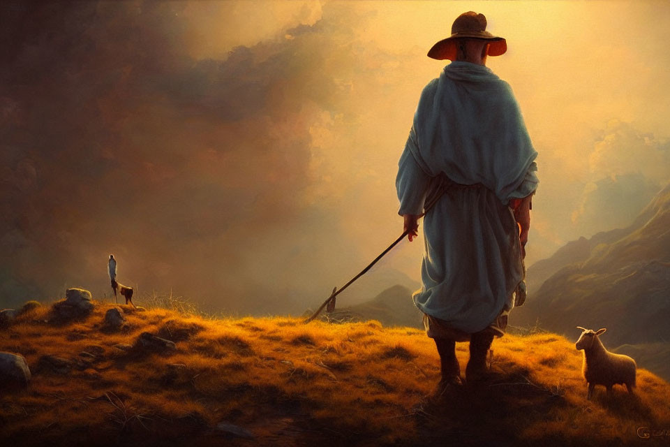 Traditional shepherd with sheep and eagle on hill at sunset