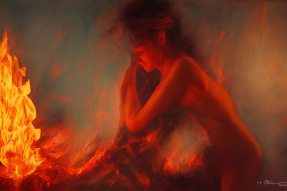 Person in Warm Color Palette Contemplating Beside Flames